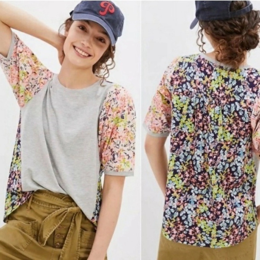 Maeve Anthropologie Floral Mixed Media Puff Sleeve Top Gray Multi Size Medium